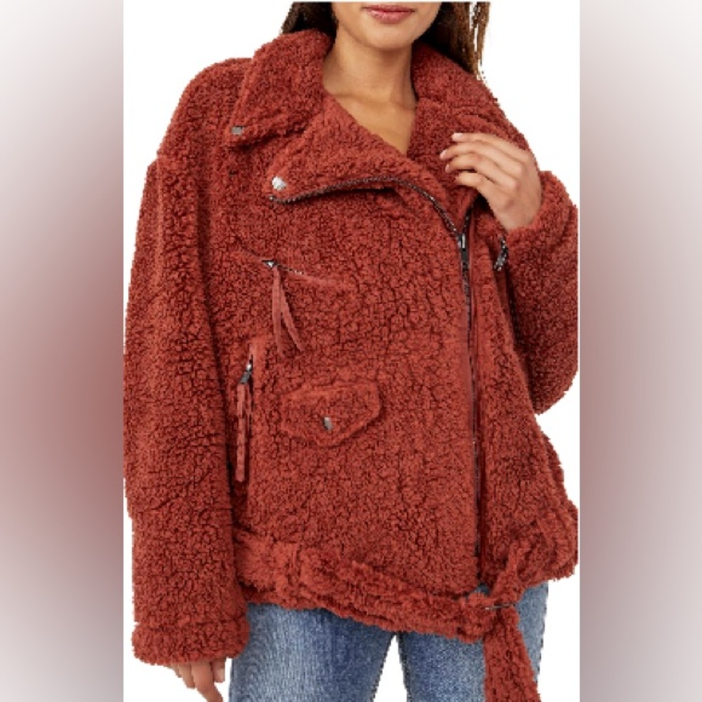 Free People So Cozy Slouchy Fleece Moto Jacket Size L EUC Spiced Brandy